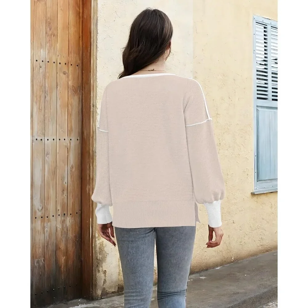Women's V Neck Oversized Sweater Long Sleeve Fall Knit Pullover Casual